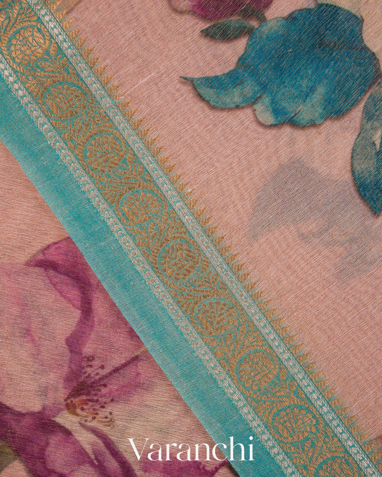 Blush Pink Digital Floral Printed Pure Silk Cotton Tissue Saree