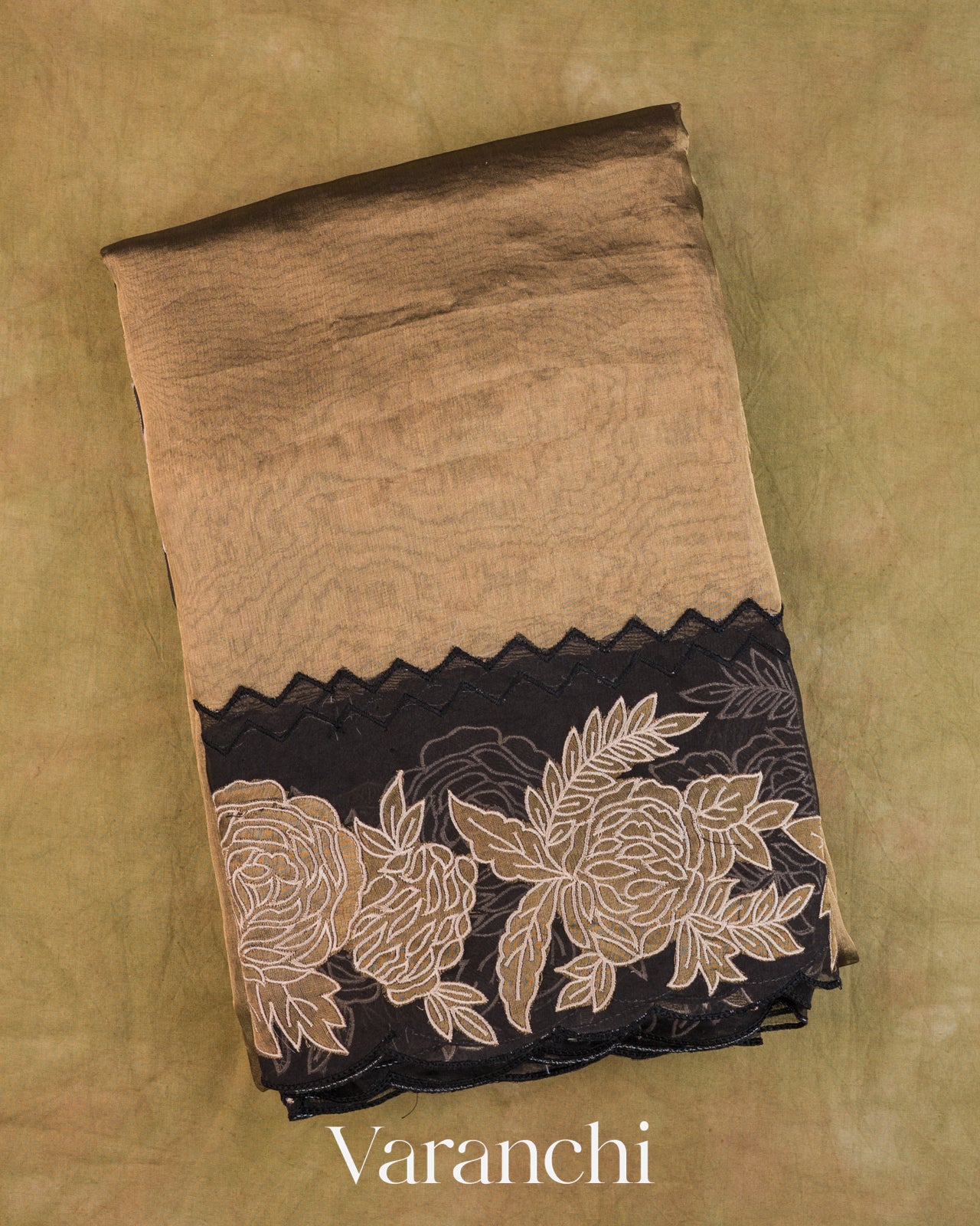Black and Gold Floral Applique Pure Tissue Kora Silk Saree