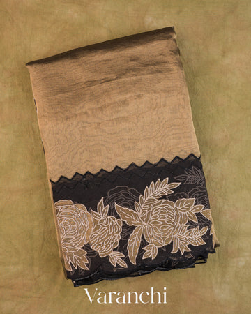 Black and Gold Floral Applique Pure Tissue Kora Silk Saree