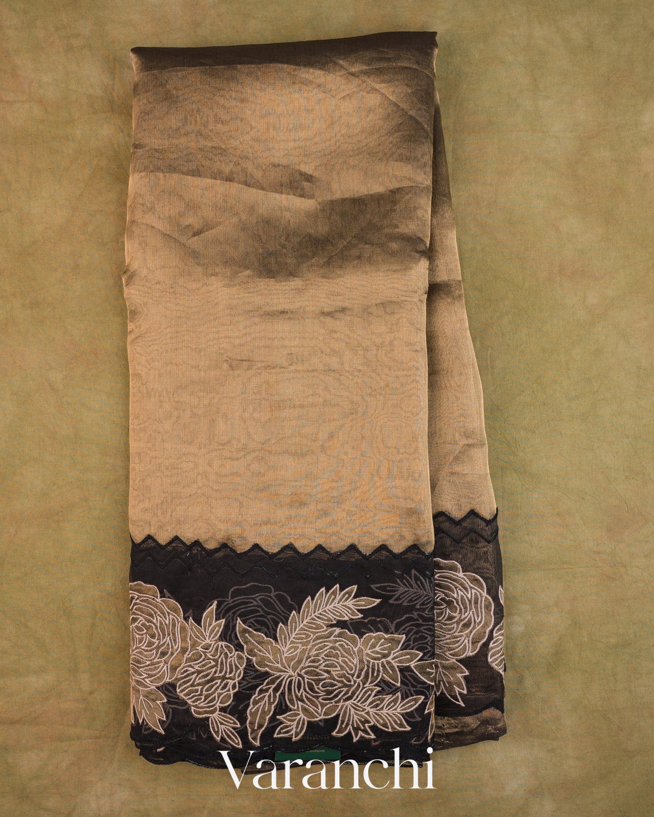 Black and Gold Floral Applique Pure Tissue Kora Silk Saree