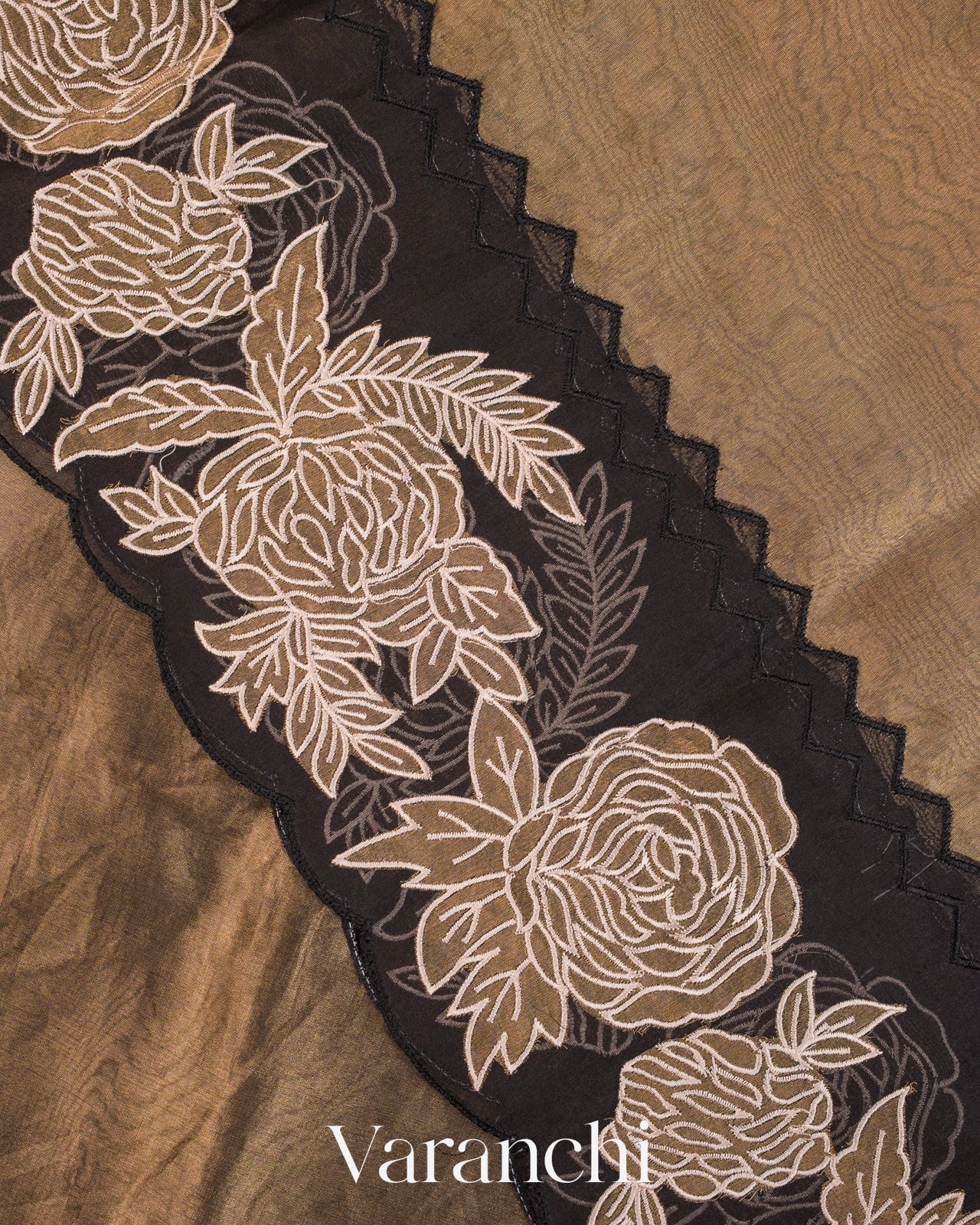 Black and Gold Floral Applique Pure Tissue Kora Silk Saree