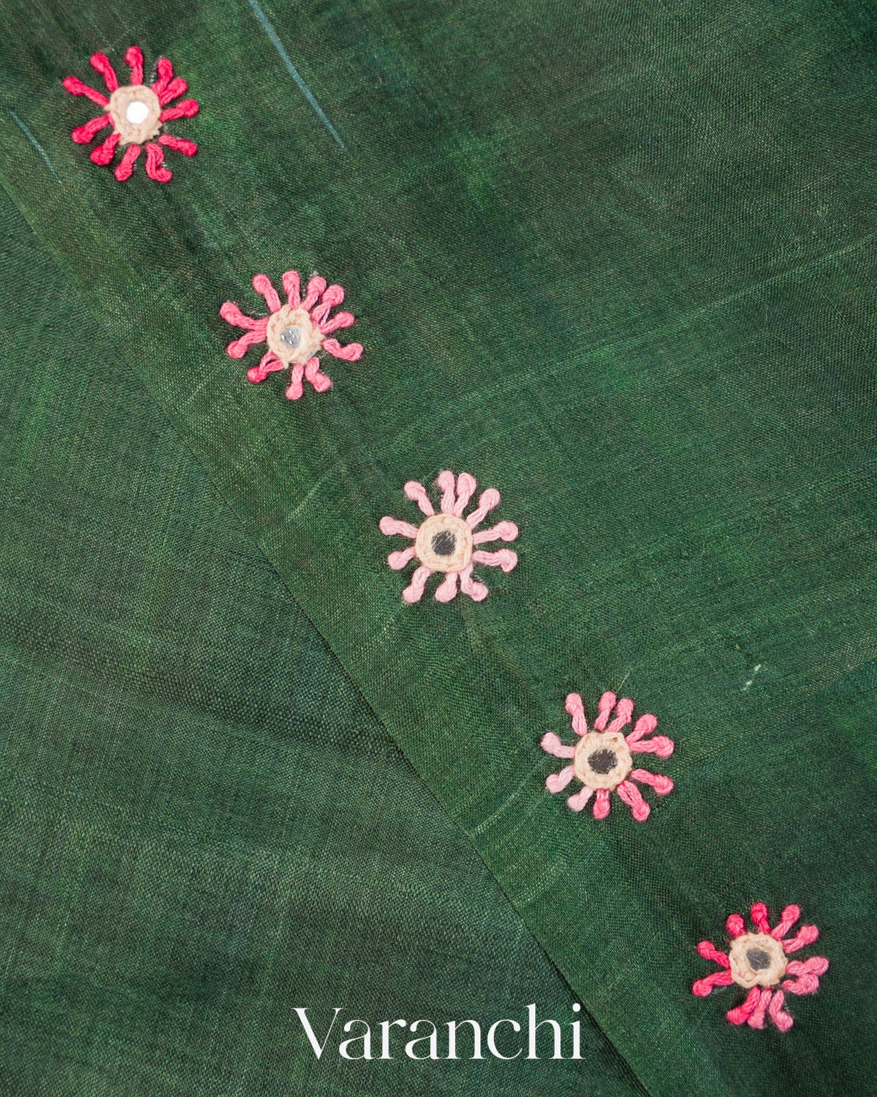 Bottle Green Mirror-Embroidered Pure Tussar Silk Handloom Saree