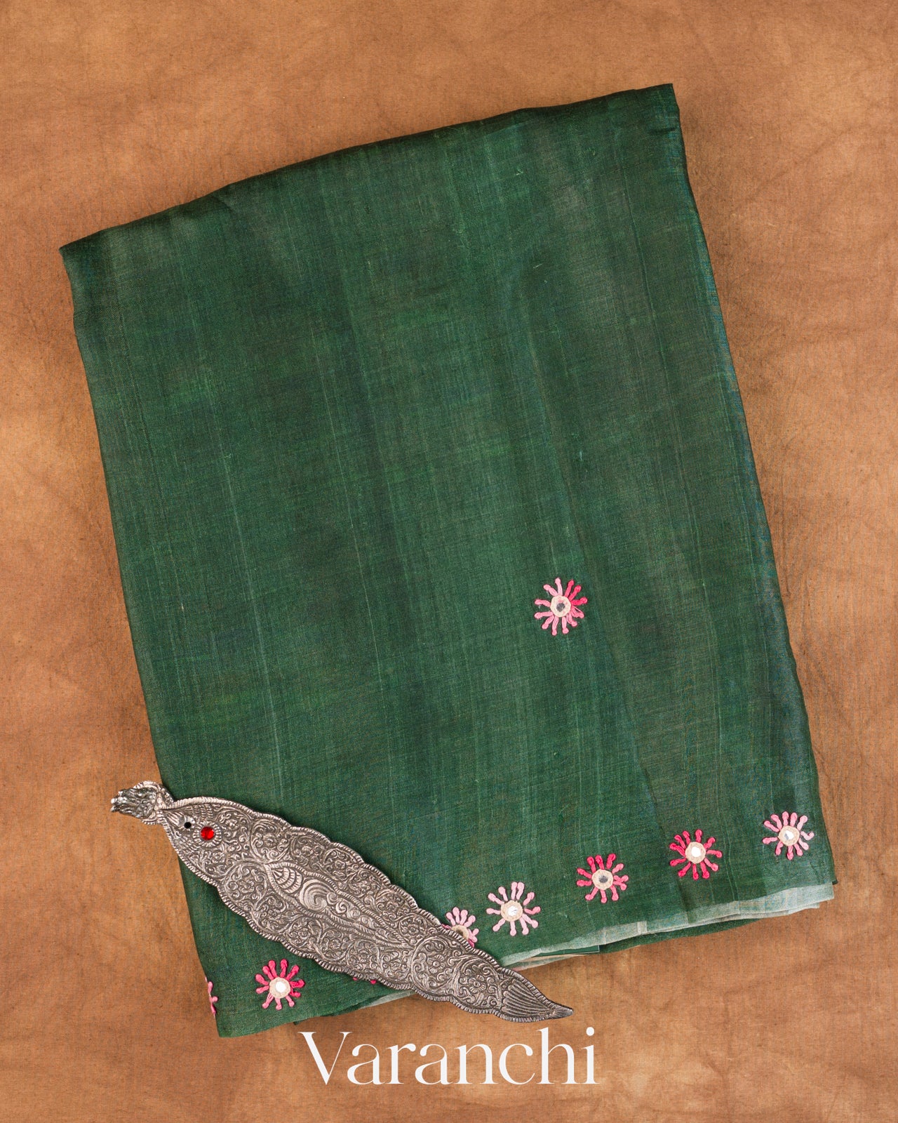 Bottle Green Mirror-Embroidered Pure Tussar Silk Handloom Saree