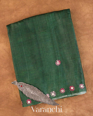 Bottle Green Mirror-Embroidered Pure Tussar Silk Handloom Saree