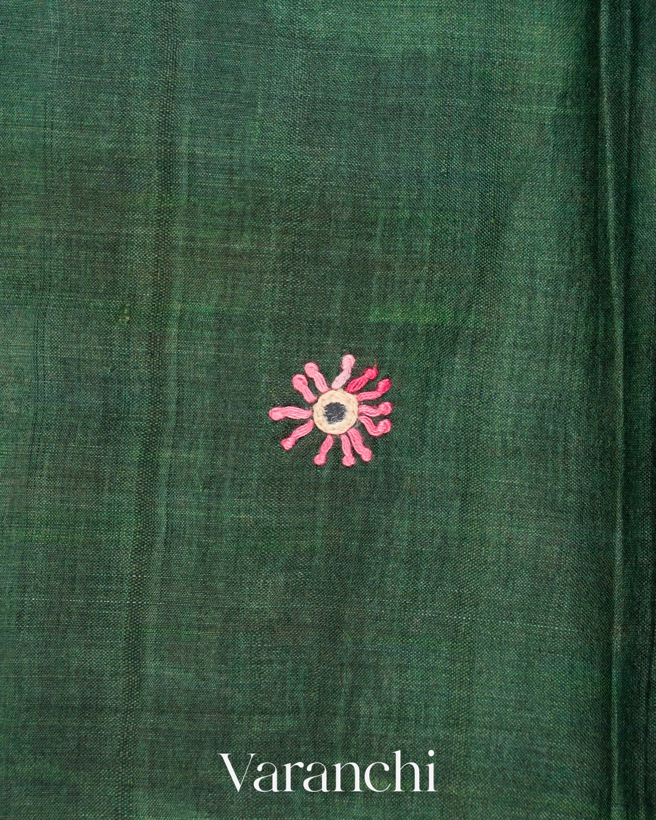 Bottle Green Mirror-Embroidered Pure Tussar Silk Handloom Saree