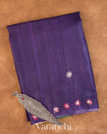 Purple Mirror-Embroidered Pure Tussar Silk Handloom Saree