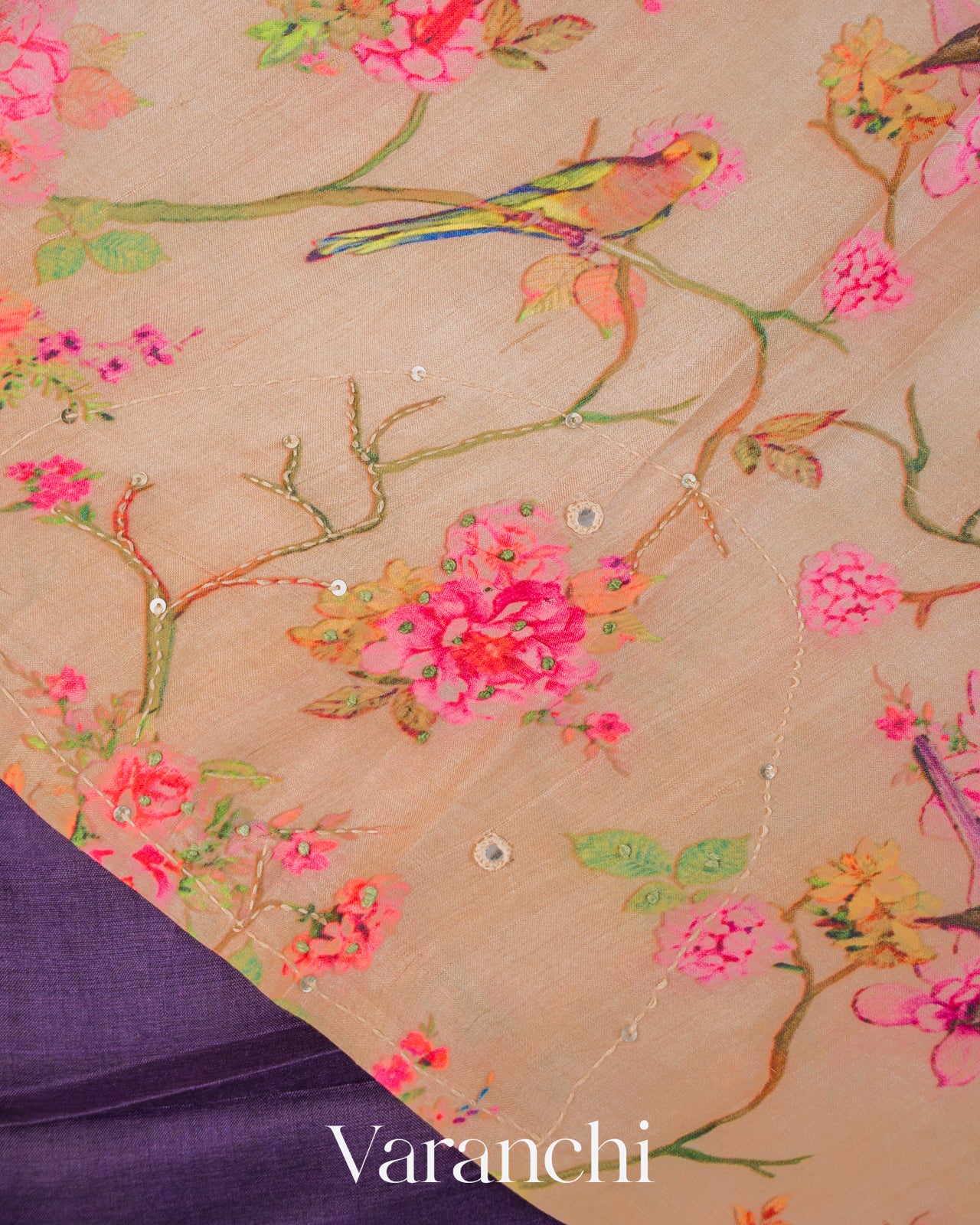 Purple Mirror-Embroidered Pure Tussar Silk Handloom Saree