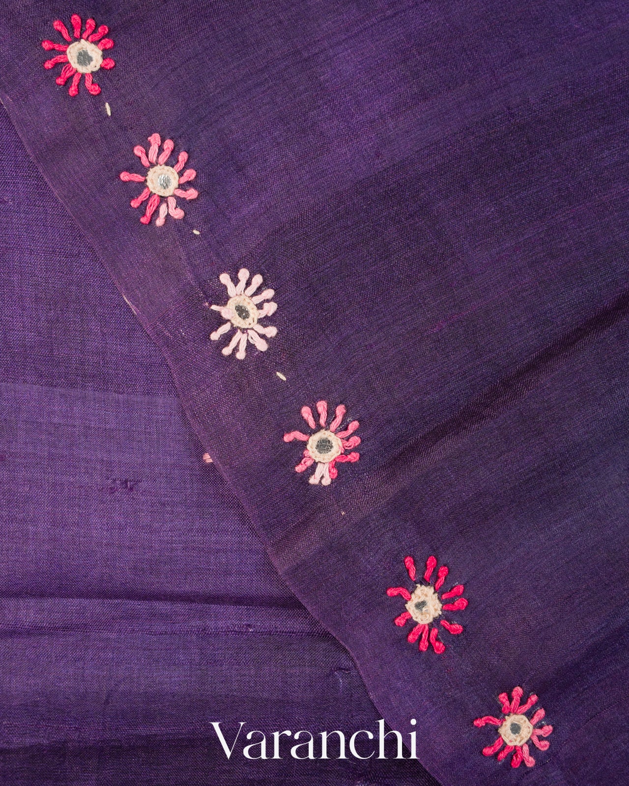 Purple Mirror-Embroidered Pure Tussar Silk Handloom Saree