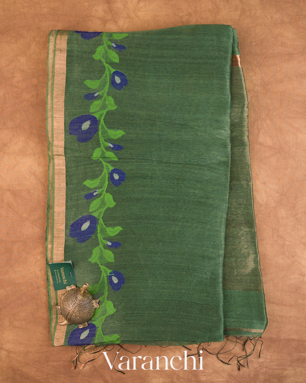 Forest Green Jamdani Pure Silk Linen Handloom Saree