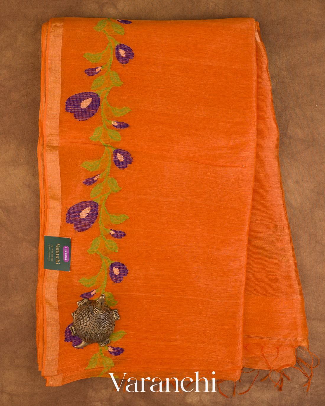 Fire Orange Jamdani Pure Silk Linen Handloom Saree