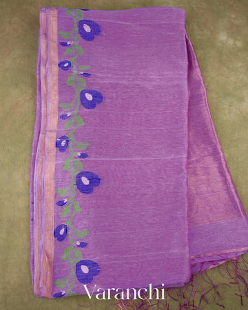 Lavender Jamdani Pure Silk Linen Handloom Saree