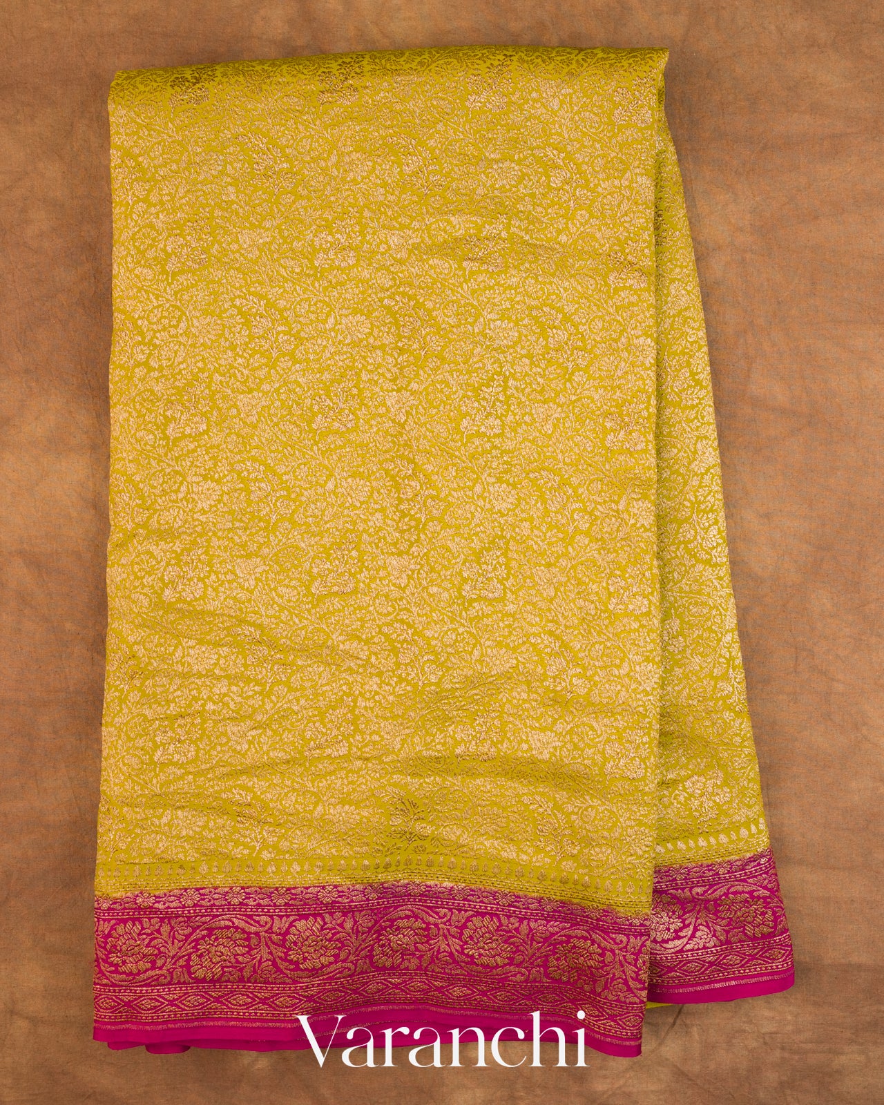 Mustard Yellow Brocade Pure Crepe Silk Handloom Saree