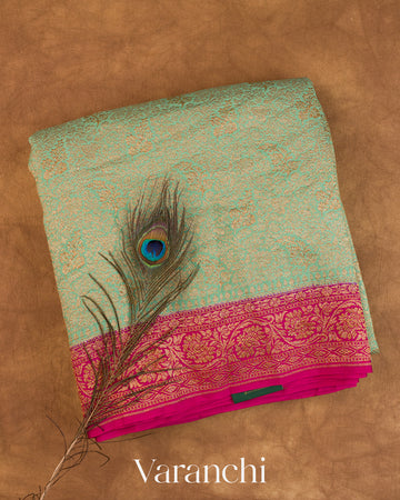 Powder Blue Floral Brocade Pure Crepe Silk Handloom Saree