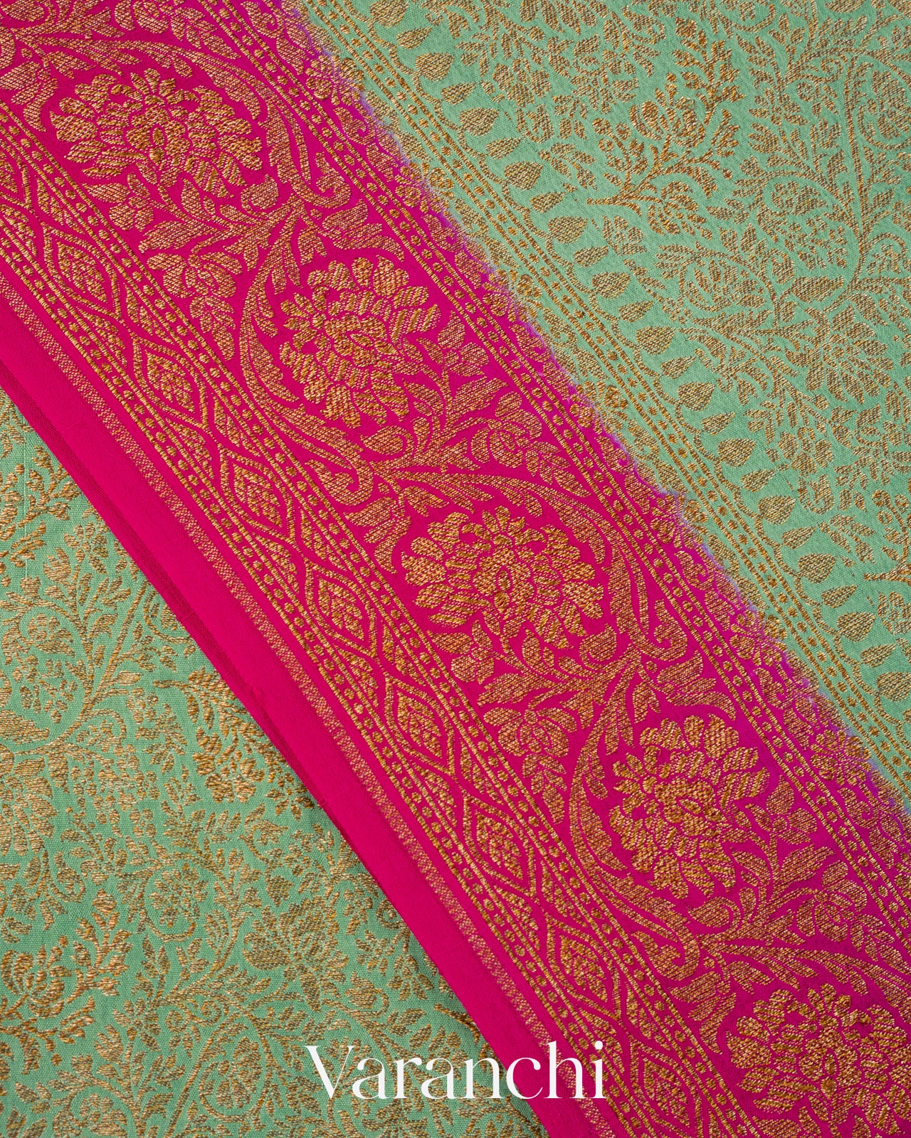 Powder Blue Floral Brocade Pure Crepe Silk Handloom Saree