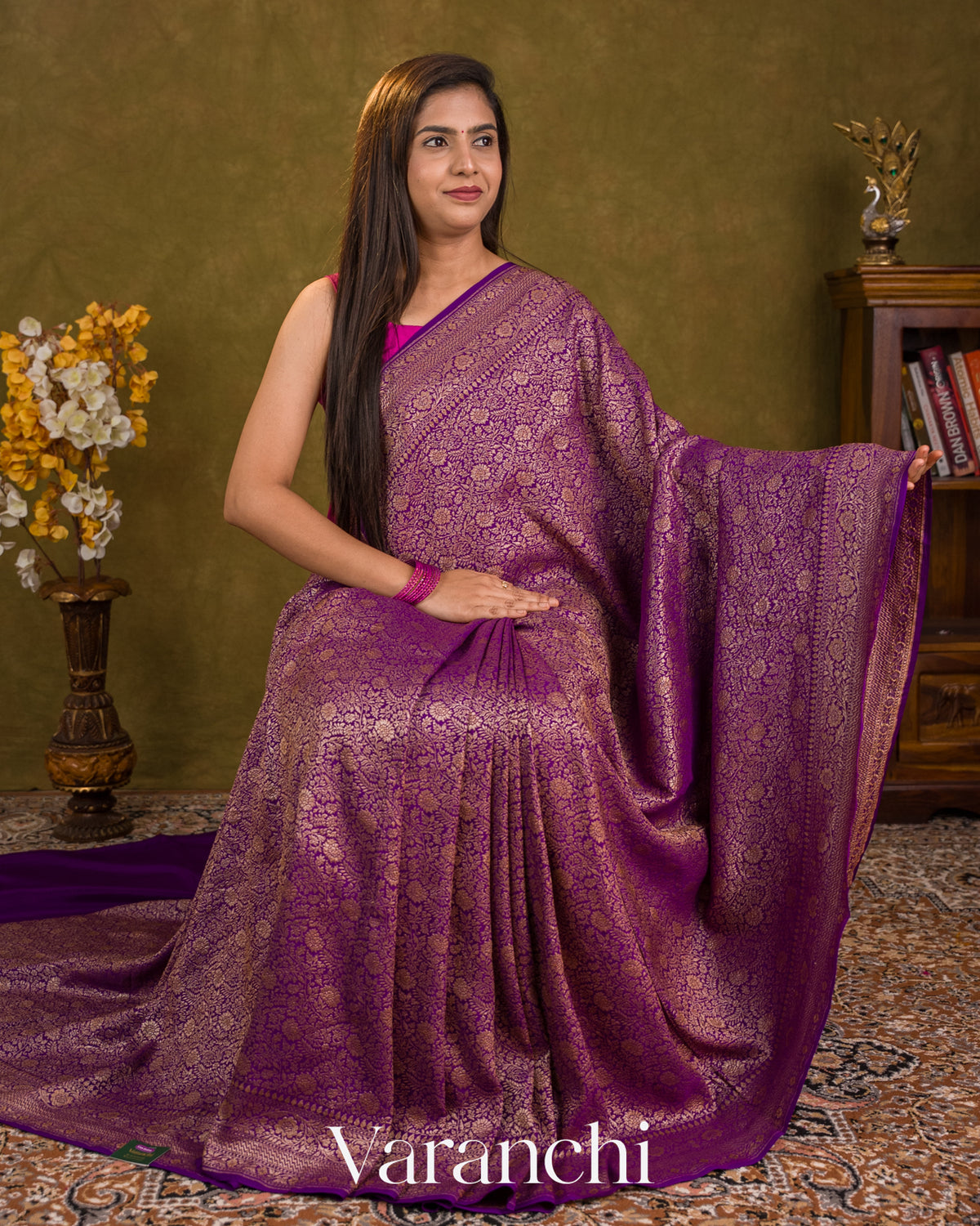 Purple Floral Brocade Pure Crepe Silk Handloom Saree