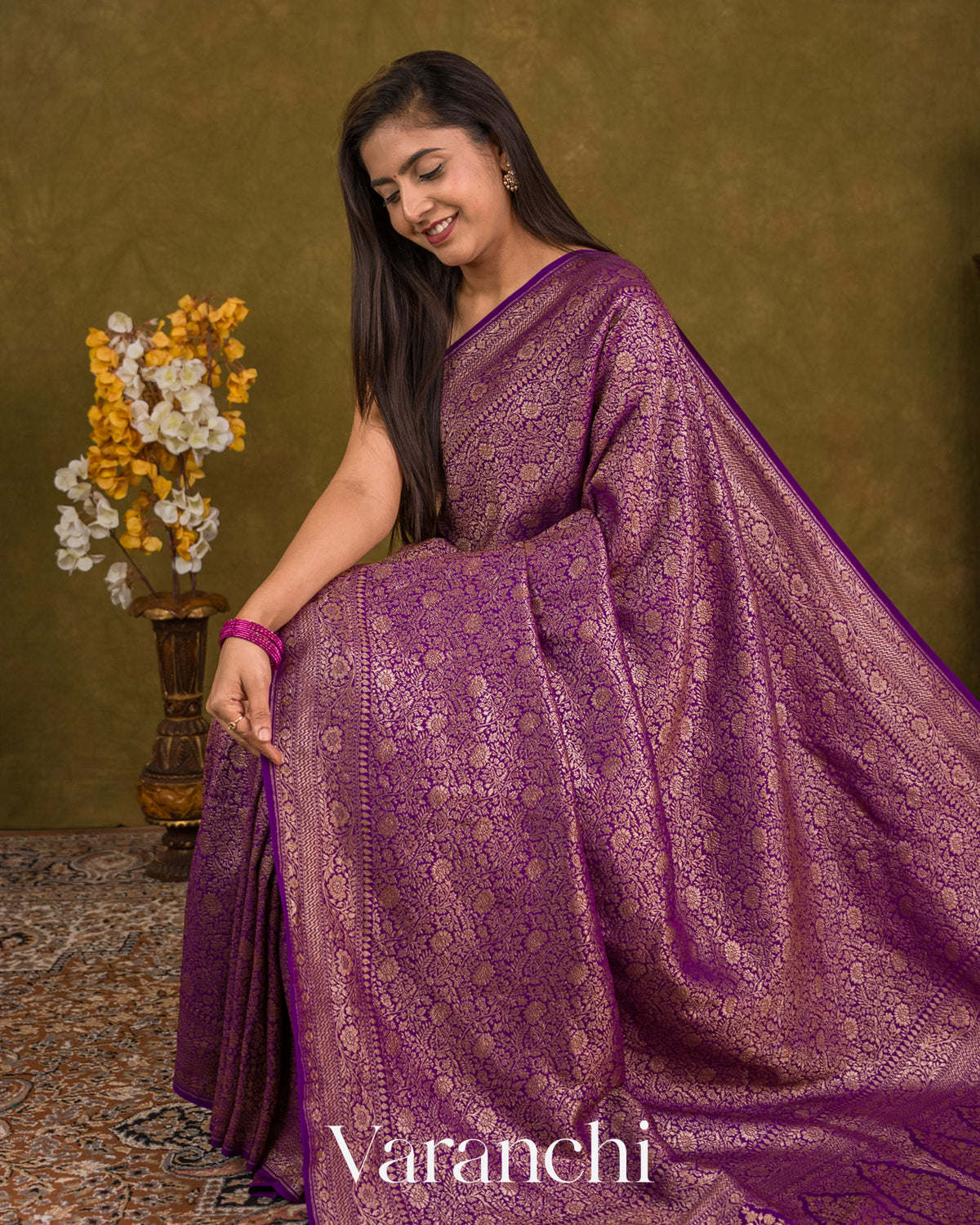 Purple Floral Brocade Pure Crepe Silk Handloom Saree