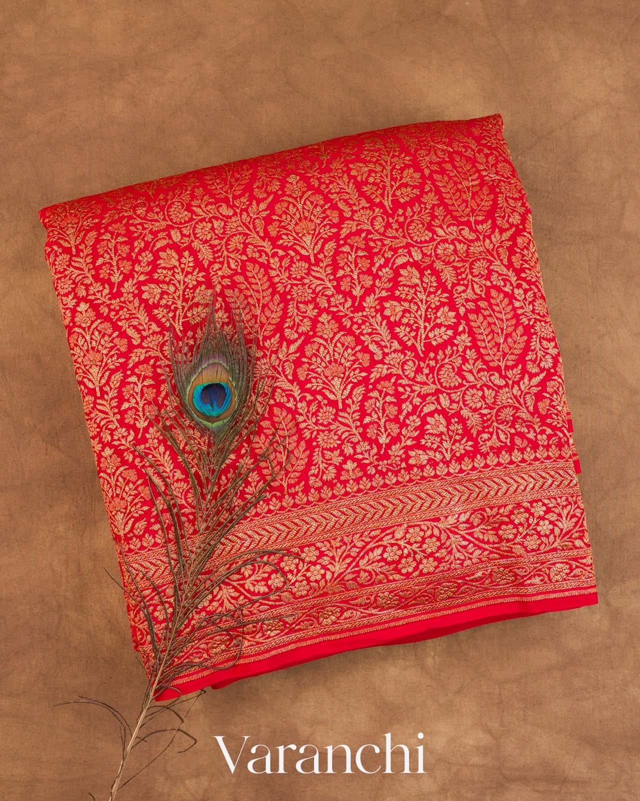Bright Red Floral Brocade Pure Crepe Silk Handloom Saree