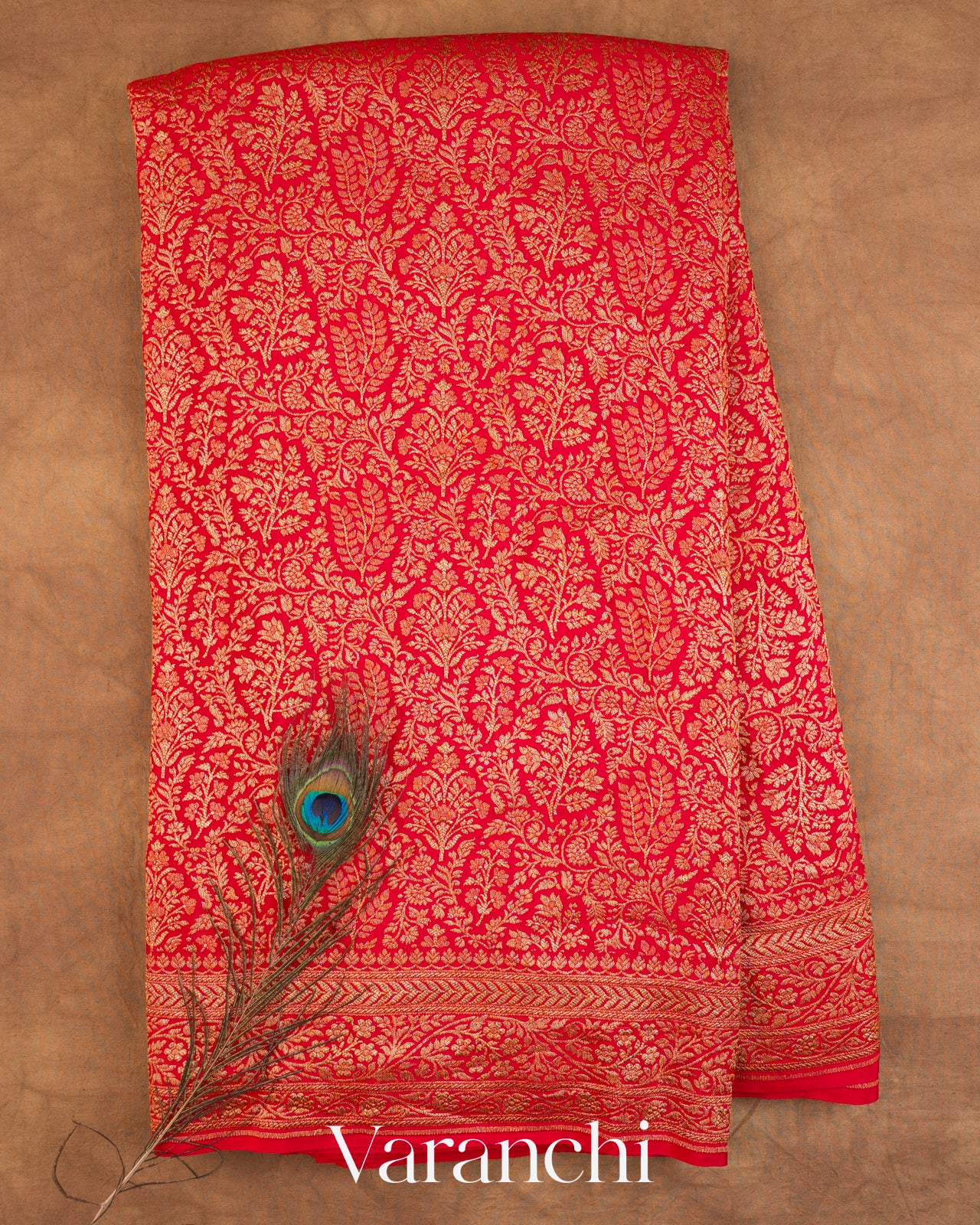 Bright Red Floral Brocade Pure Crepe Silk Handloom Saree