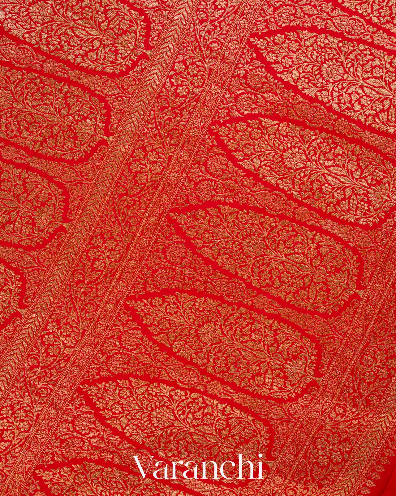 Bright Red Floral Brocade Pure Crepe Silk Handloom Saree
