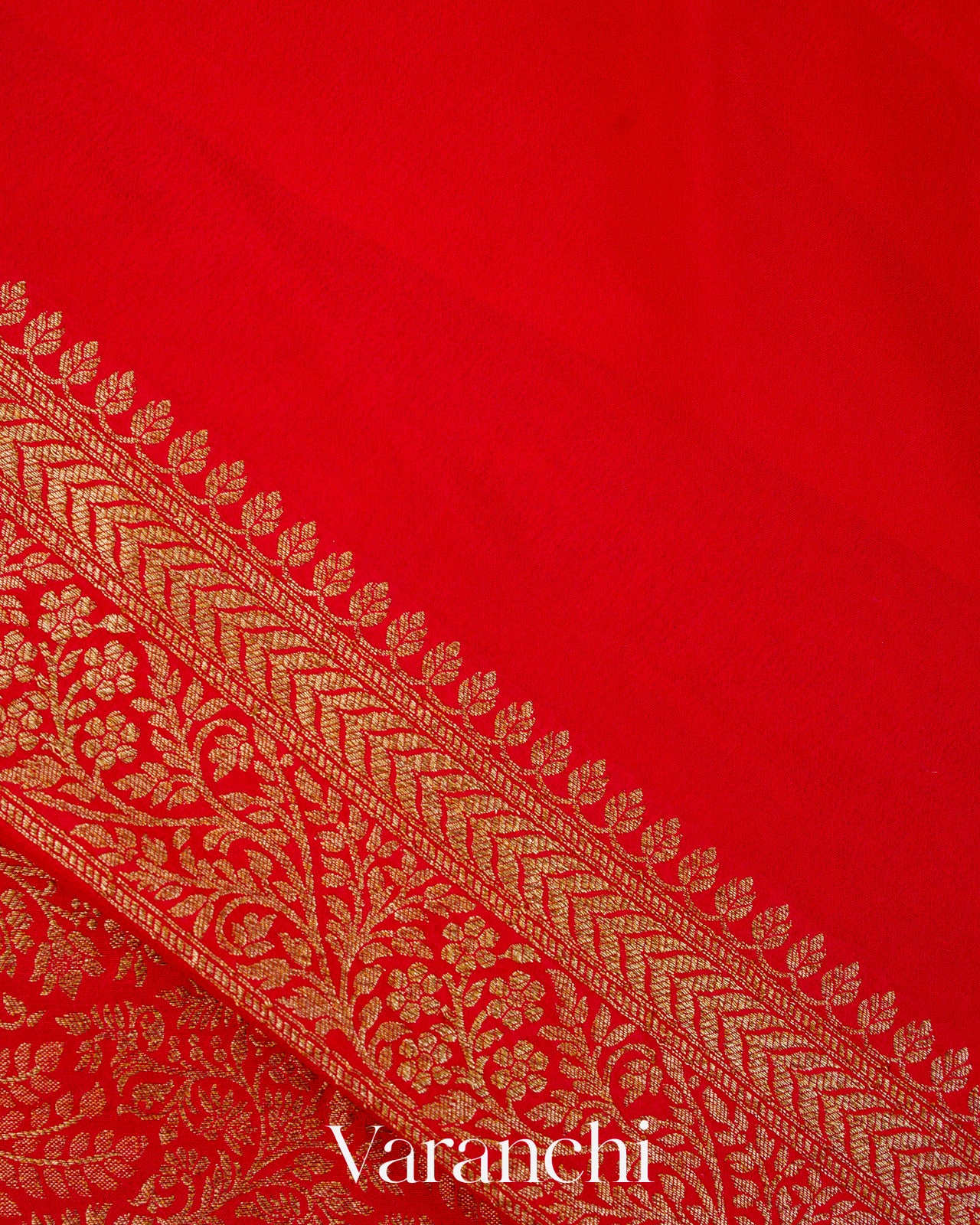 Bright Red Floral Brocade Pure Crepe Silk Handloom Saree