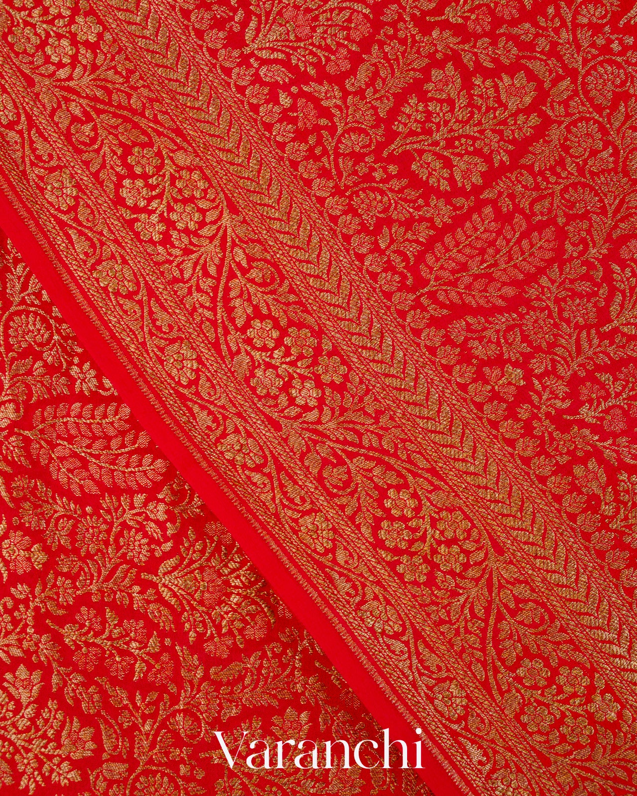Bright Red Floral Brocade Pure Crepe Silk Handloom Saree