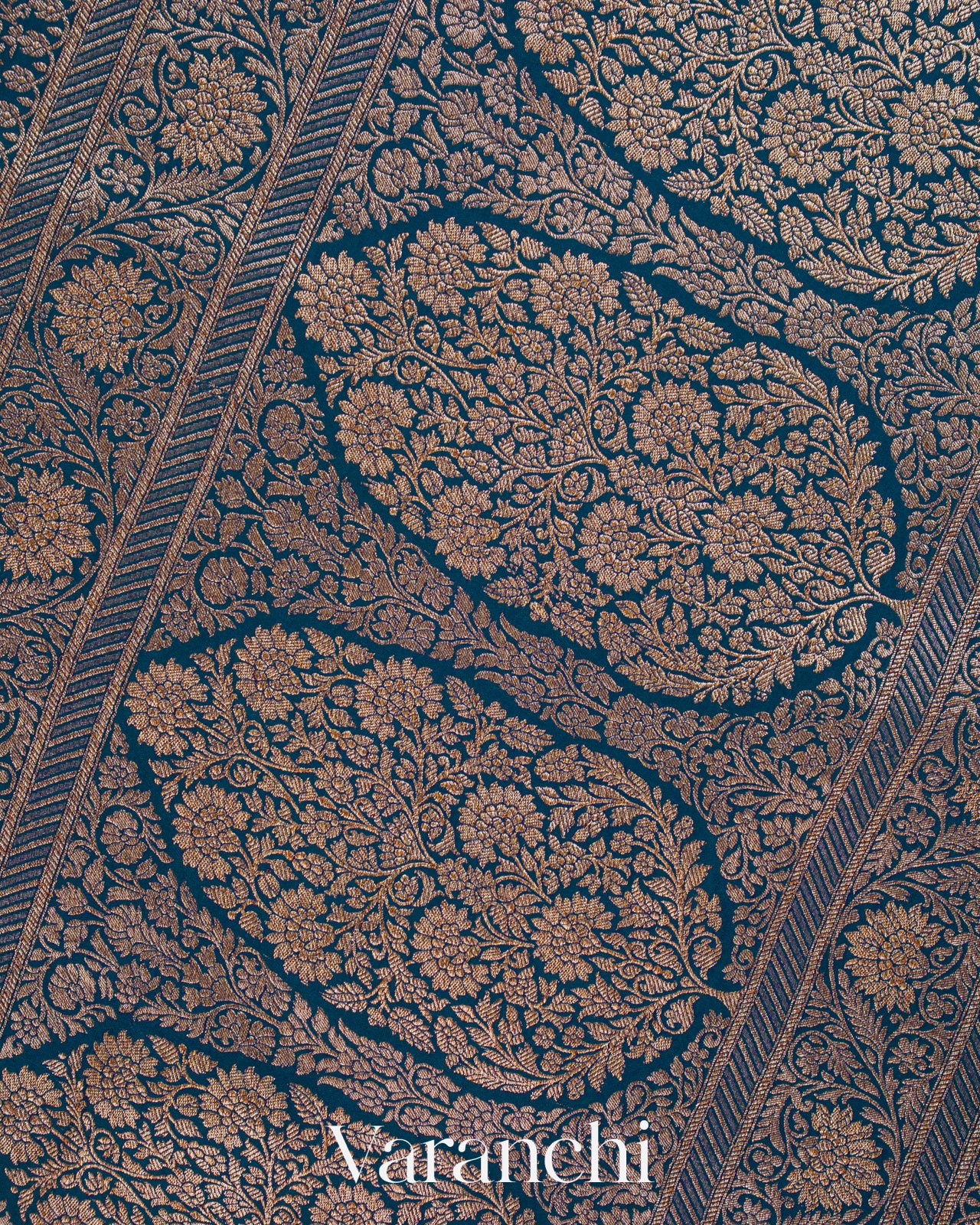 Peacock Blue Floral Brocade Pure Crepe Silk Handloom Saree