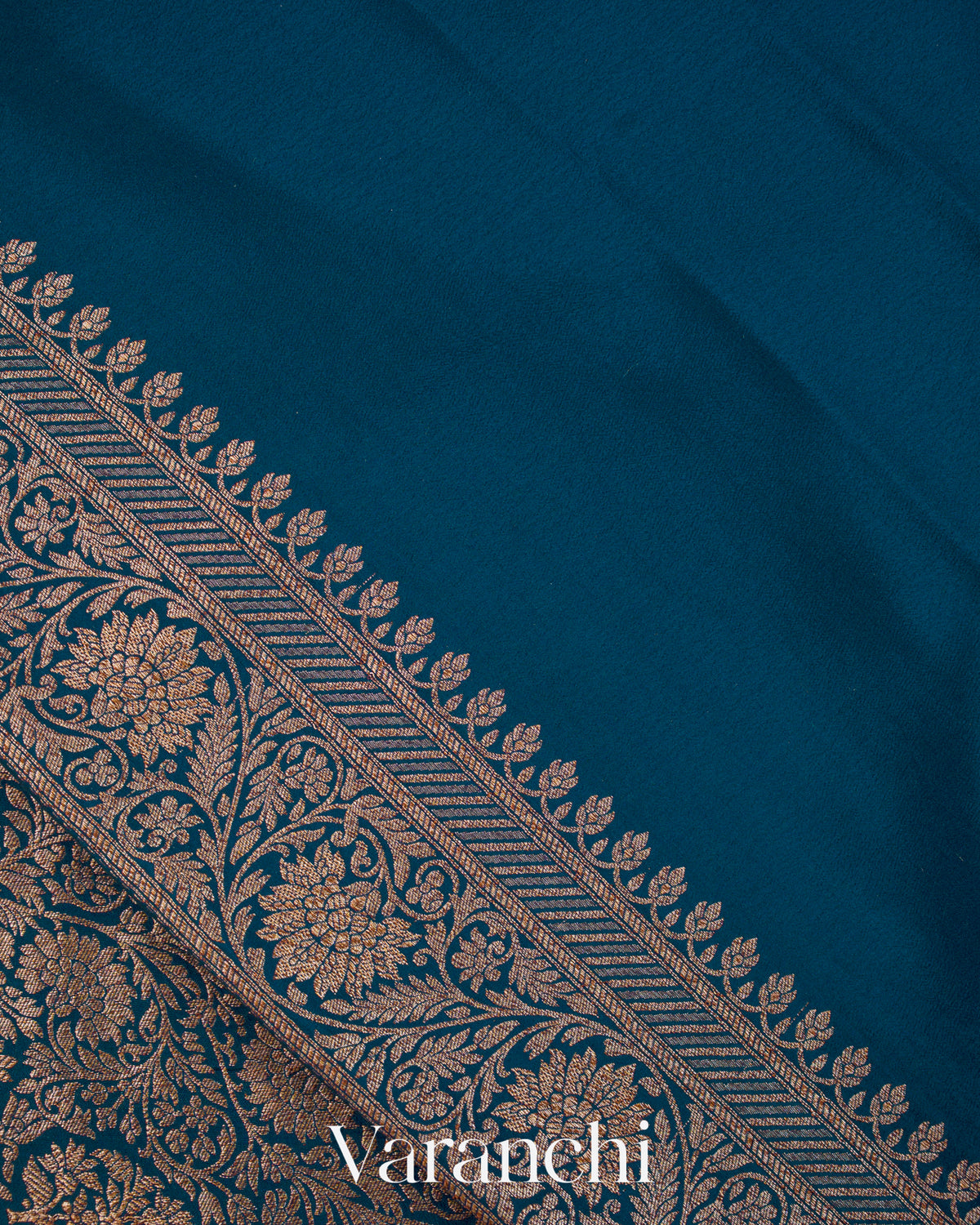 Peacock Blue Floral Brocade Pure Crepe Silk Handloom Saree