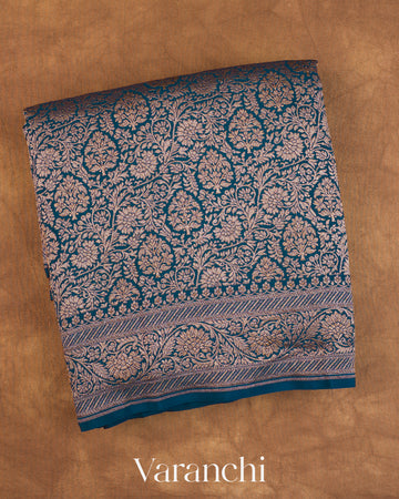 Peacock Blue Floral Brocade Pure Crepe Silk Handloom Saree