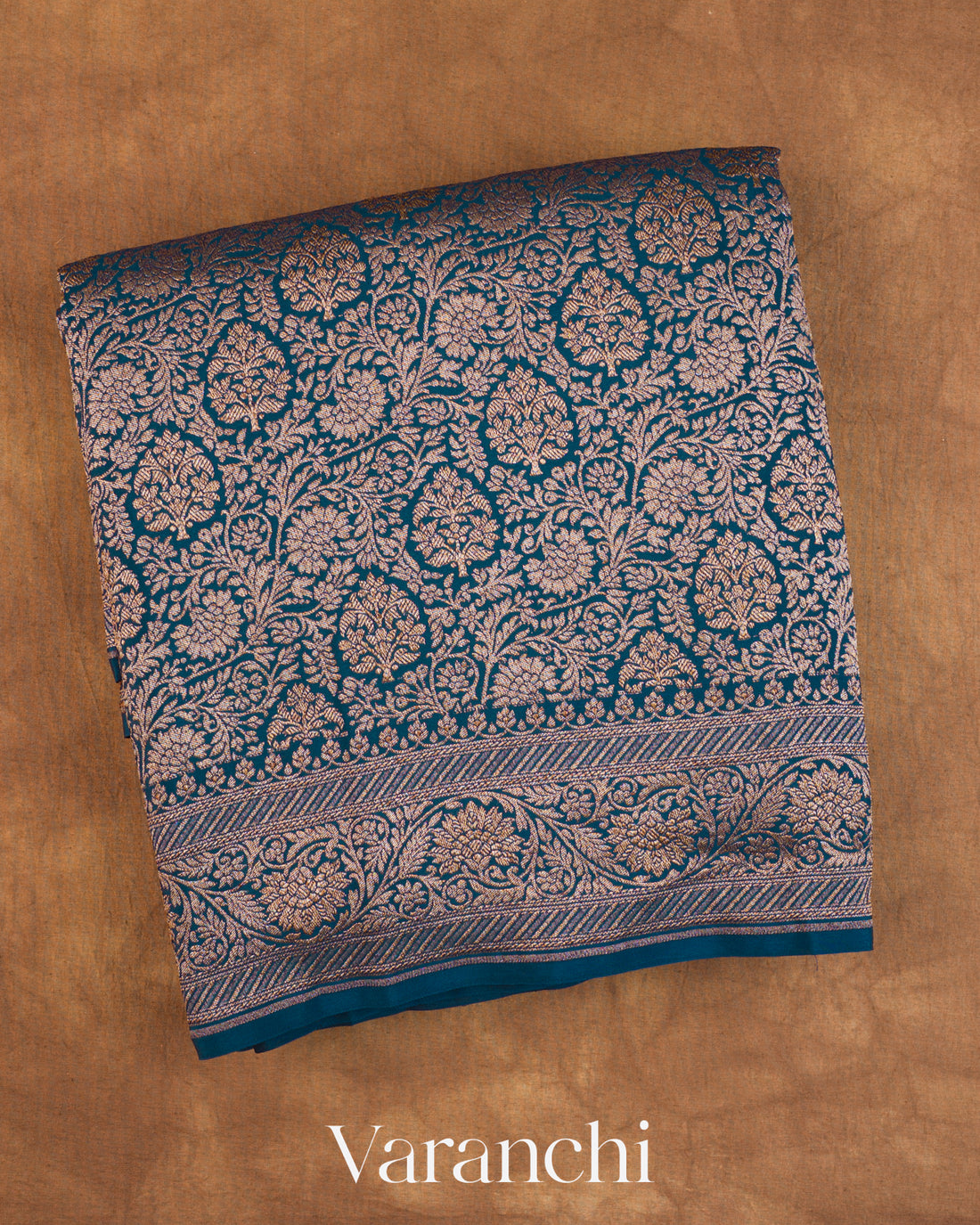 Peacock Blue Floral Brocade Pure Crepe Silk Handloom Saree