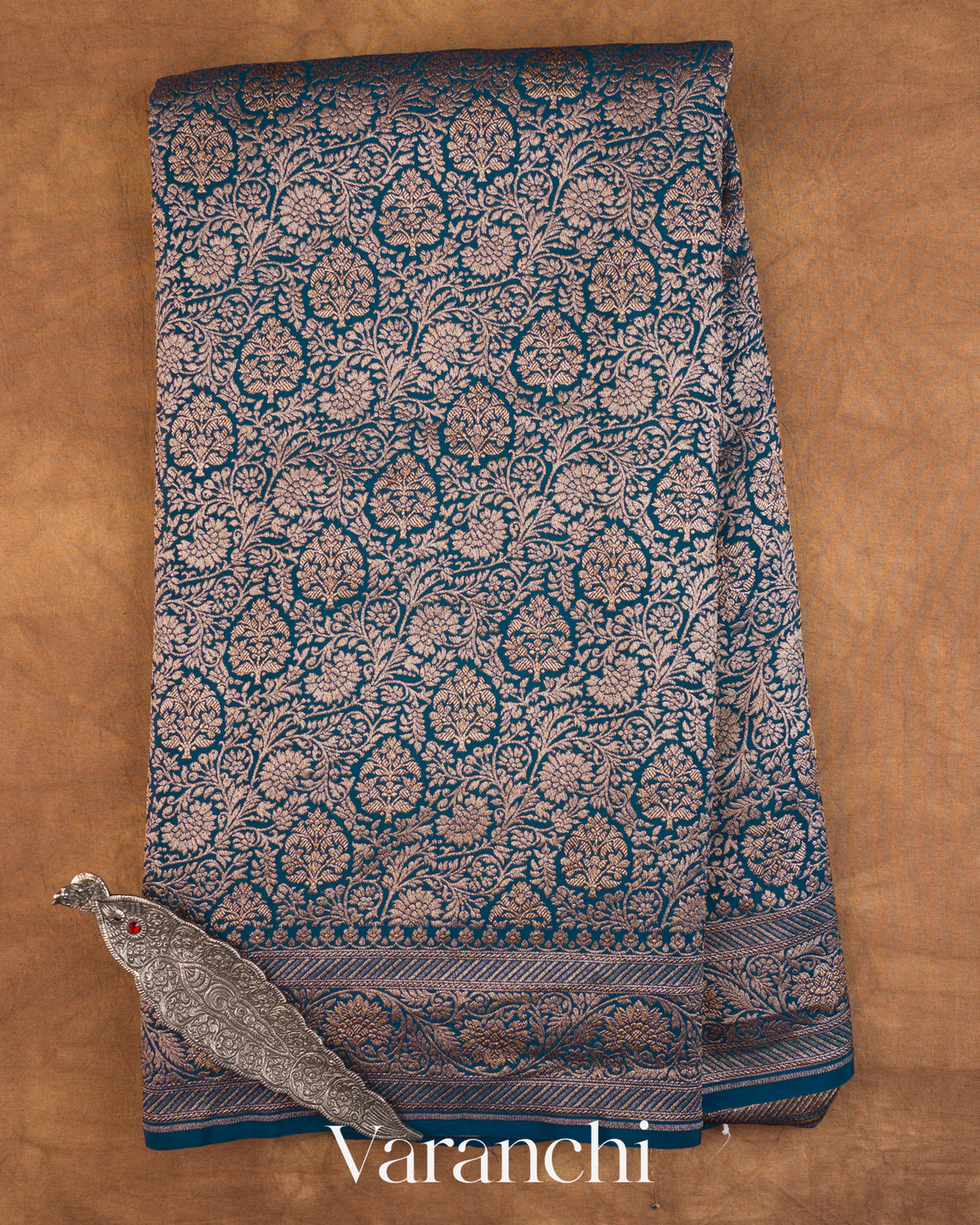 Peacock Blue Floral Brocade Pure Crepe Silk Handloom Saree
