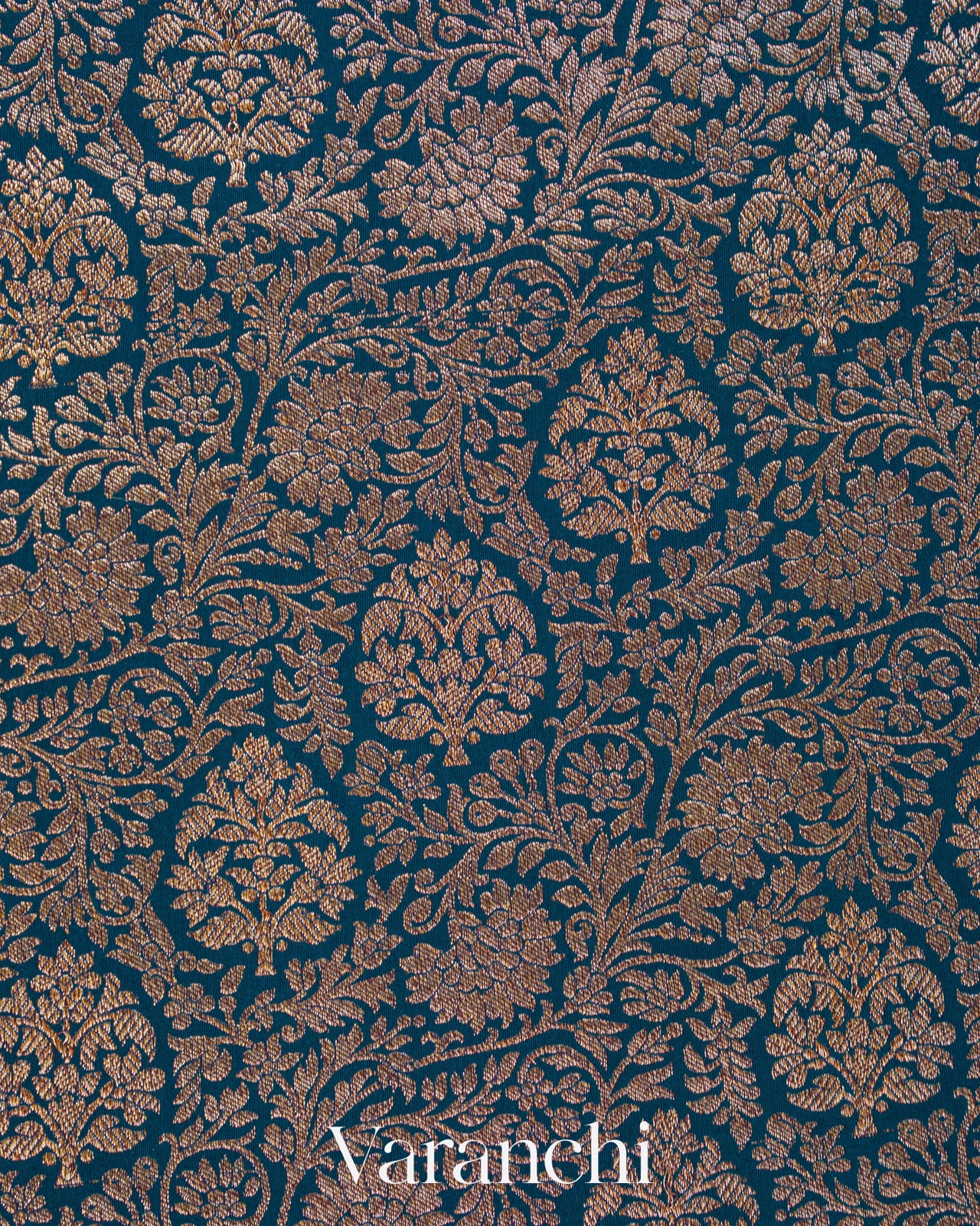 Peacock Blue Floral Brocade Pure Crepe Silk Handloom Saree