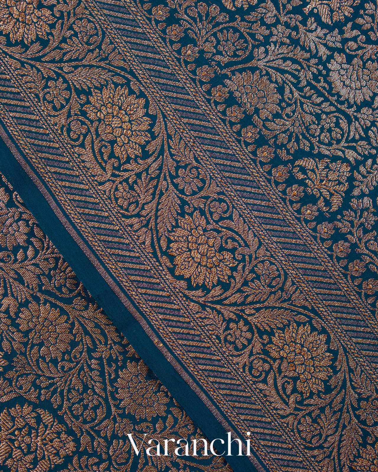 Peacock Blue Floral Brocade Pure Crepe Silk Handloom Saree