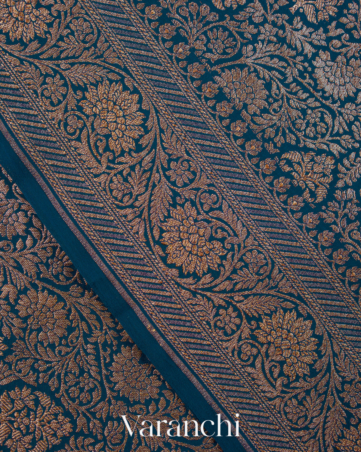 Peacock Blue Floral Brocade Pure Crepe Silk Handloom Saree