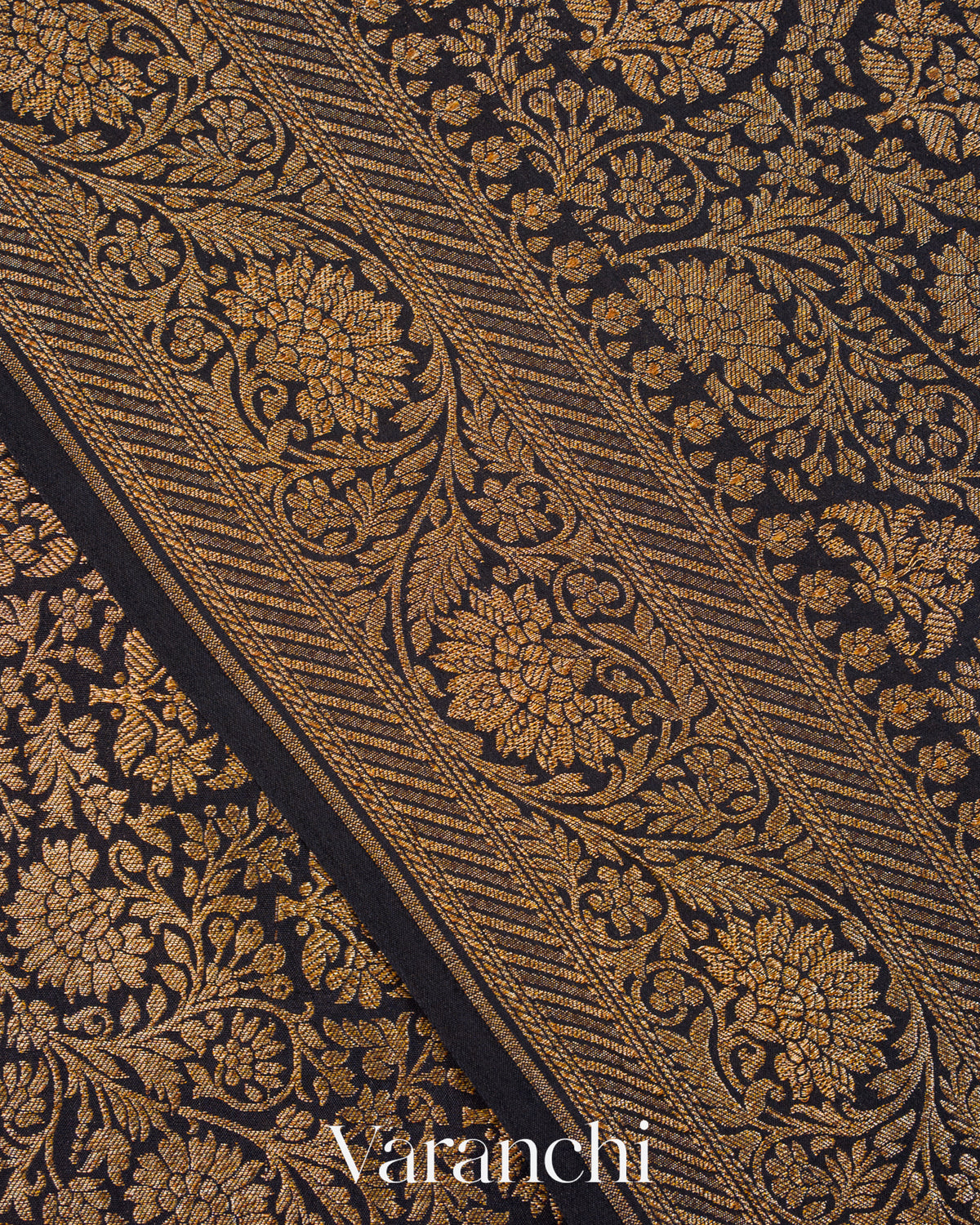 Jet Black Floral Brocade Pure Crepe Silk Handloom Saree