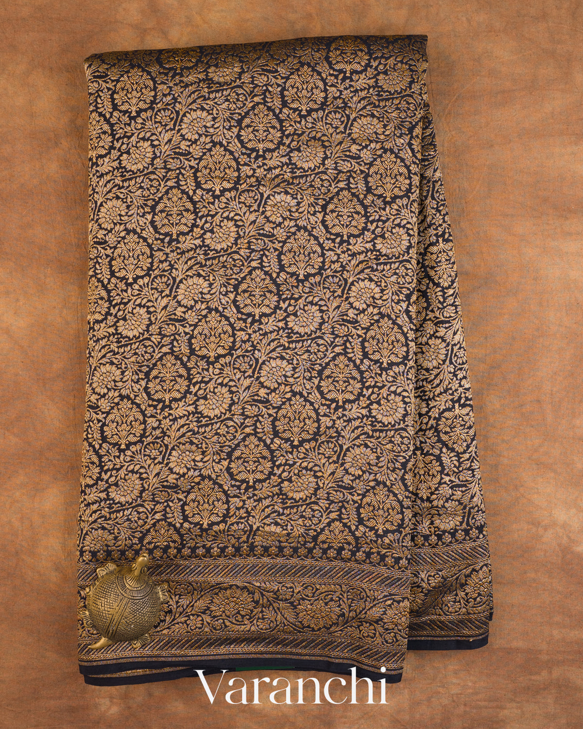 Jet Black Floral Brocade Pure Crepe Silk Handloom Saree