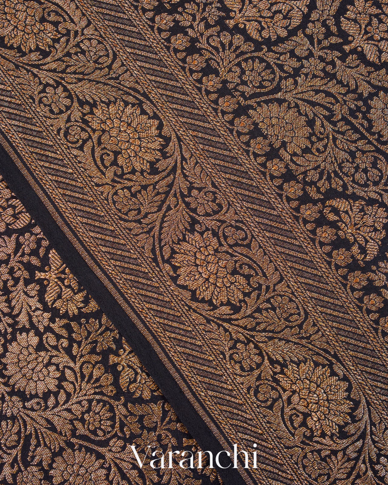 Jet Black Floral Brocade Pure Crepe Silk Handloom Saree
