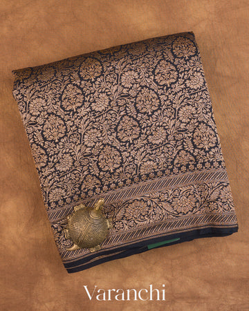 Jet Black Floral Brocade Pure Crepe Silk Handloom Saree