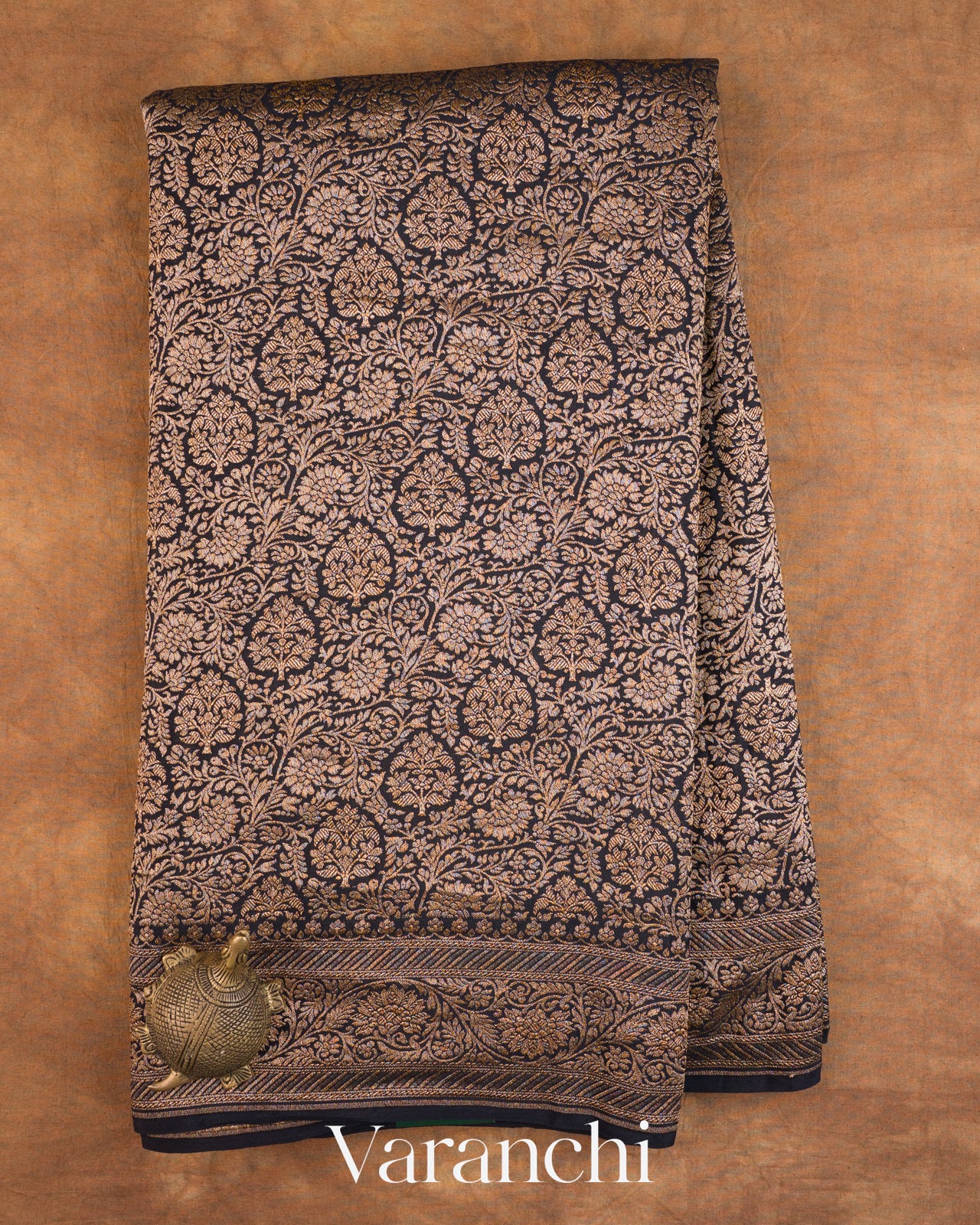 Jet Black Floral Brocade Pure Crepe Silk Handloom Saree