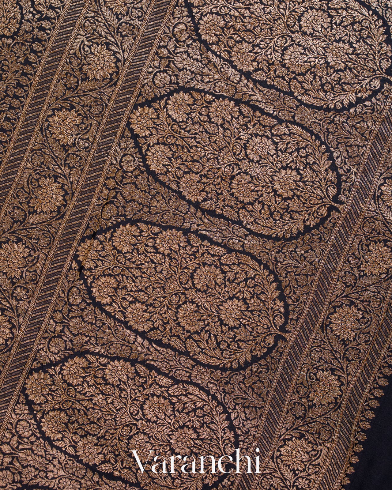 Jet Black Floral Brocade Pure Crepe Silk Handloom Saree