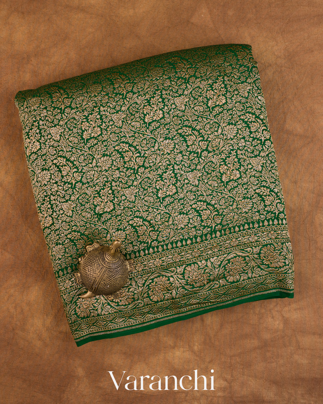 Bottle Green Floral Brocade Pure Crepe Silk Handloom Saree