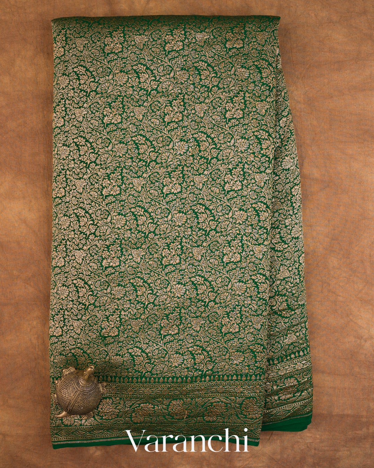 Bottle Green Floral Brocade Pure Crepe Silk Handloom Saree