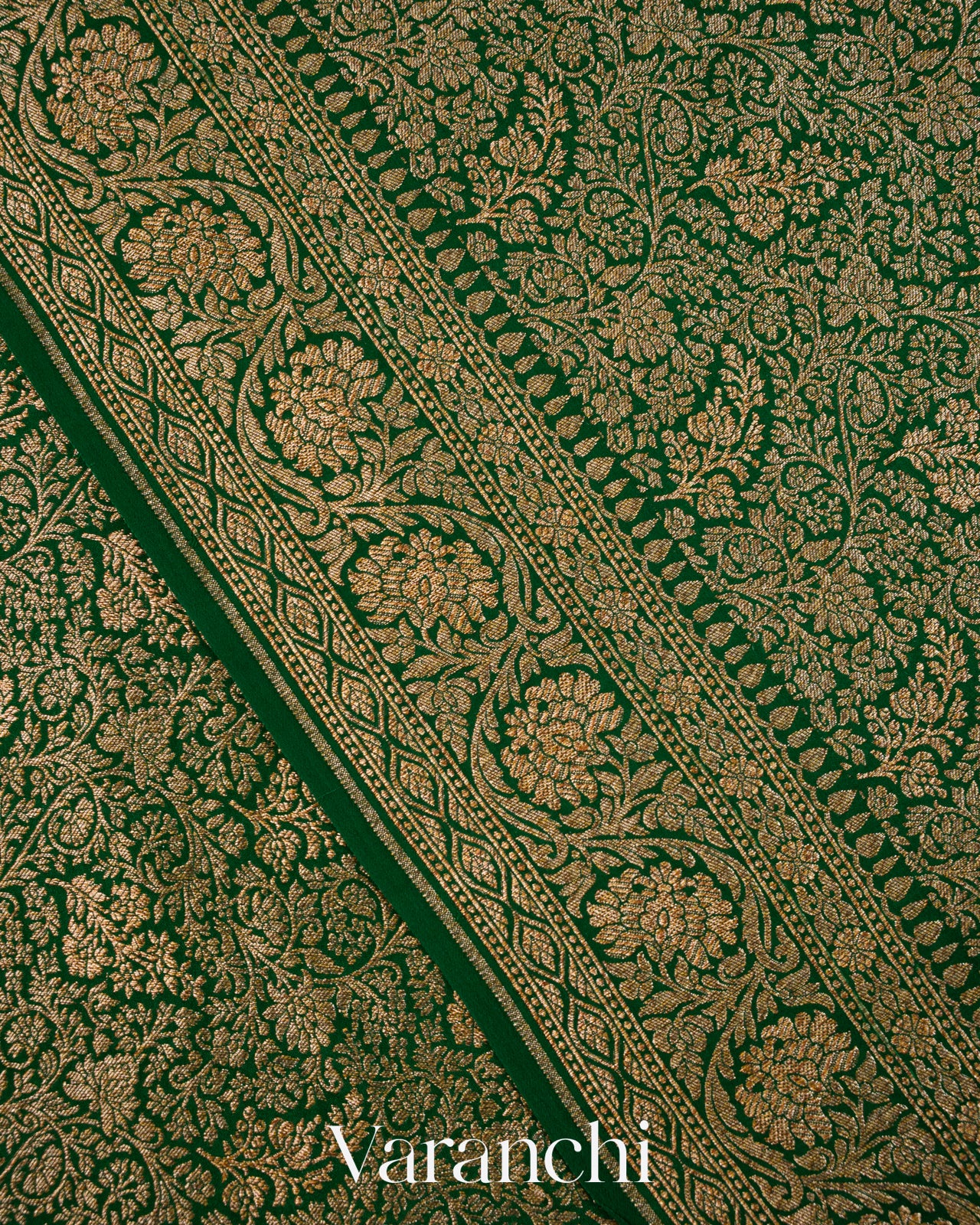 Bottle Green Floral Brocade Pure Crepe Silk Handloom Saree