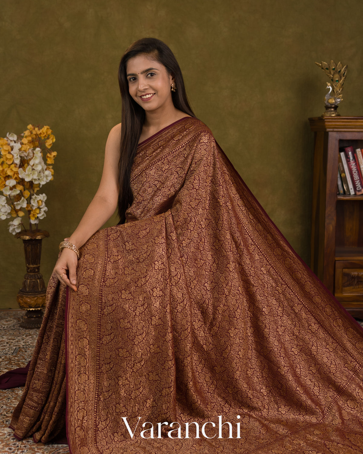 Wine Maroon Floral Brocade Pure Crepe Silk Handloom Saree