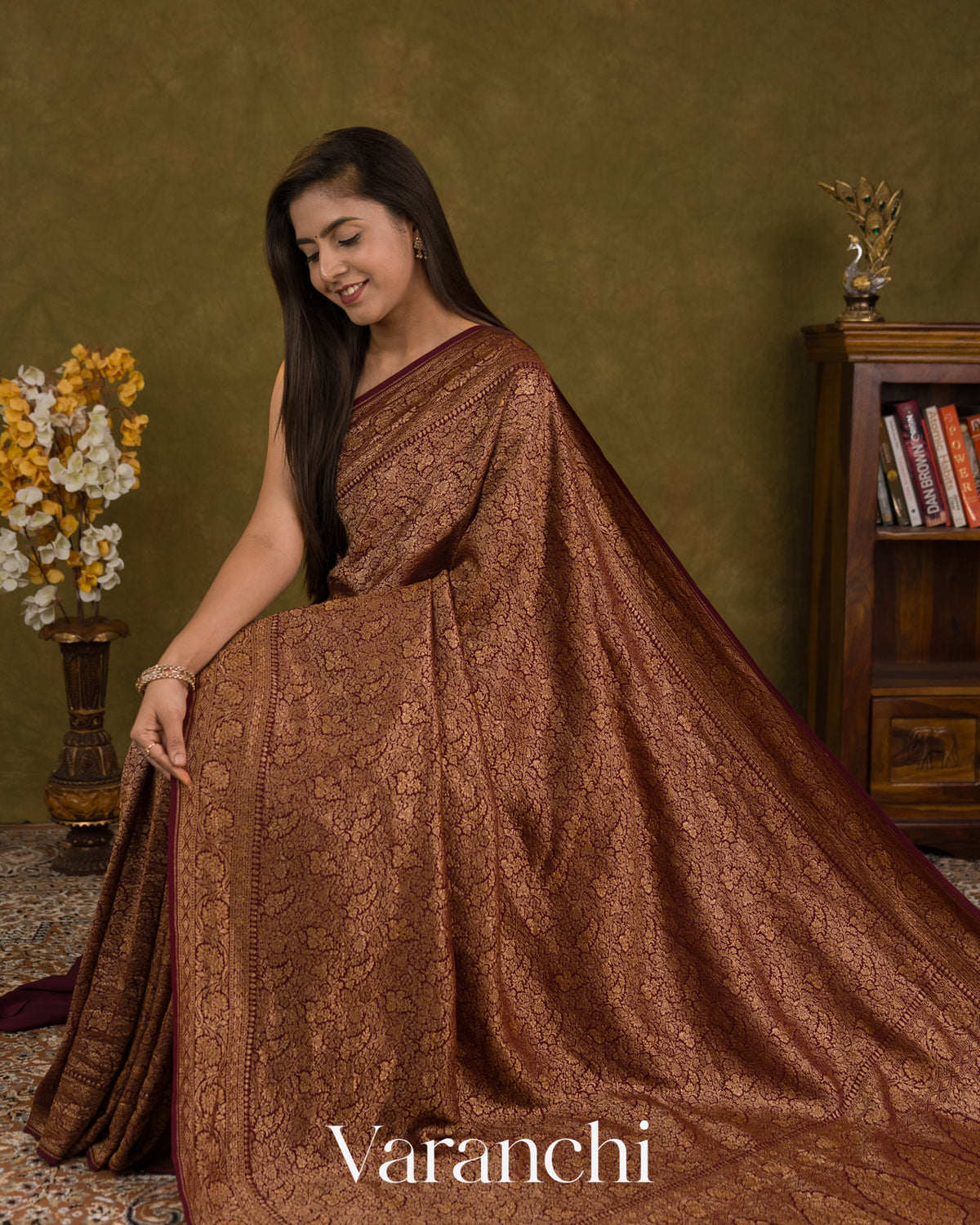 Wine Maroon Floral Brocade Pure Crepe Silk Handloom Saree