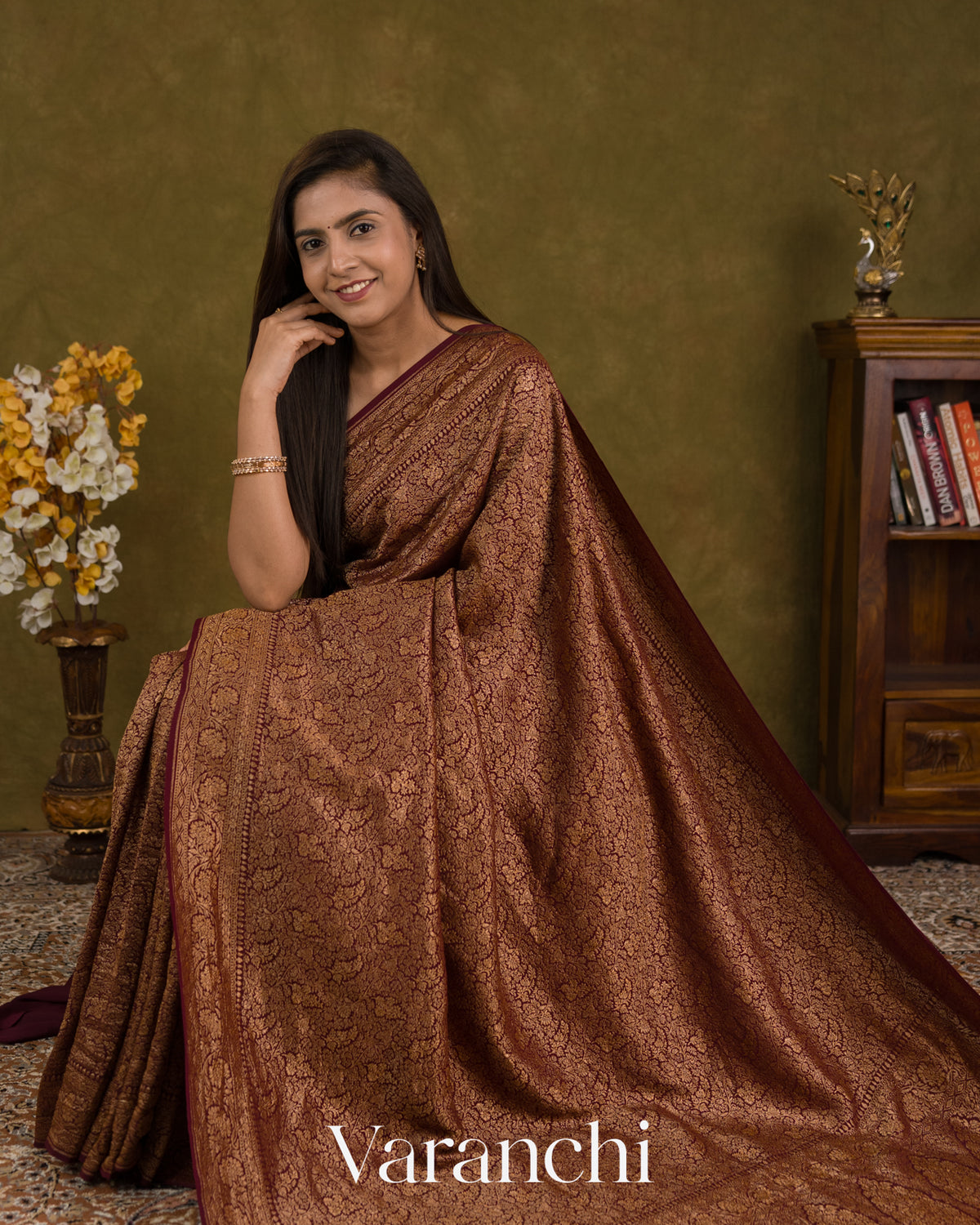 Wine Maroon Floral Brocade Pure Crepe Silk Handloom Saree