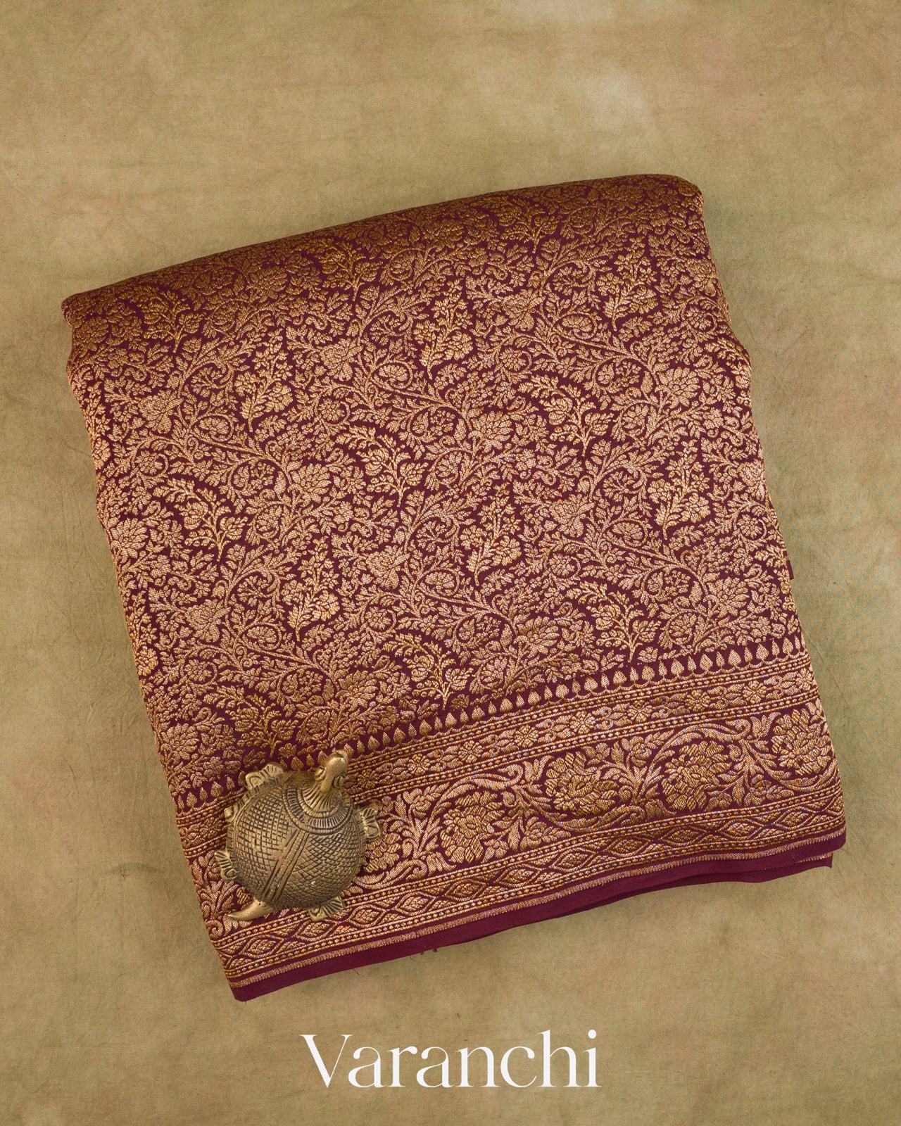 Wine Maroon Floral Brocade Pure Crepe Silk Handloom Saree