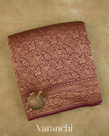 Wine Maroon Floral Brocade Pure Crepe Silk Handloom Saree