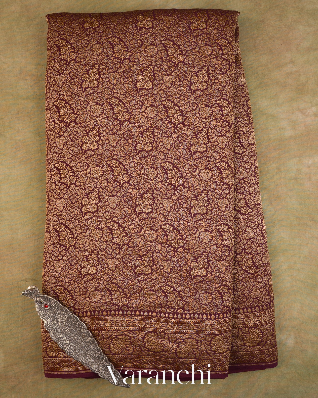 Wine Maroon Floral Brocade Pure Crepe Silk Handloom Saree