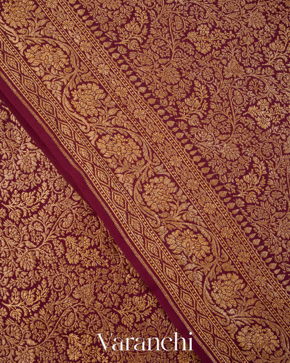 Wine Maroon Floral Brocade Pure Crepe Silk Handloom Saree