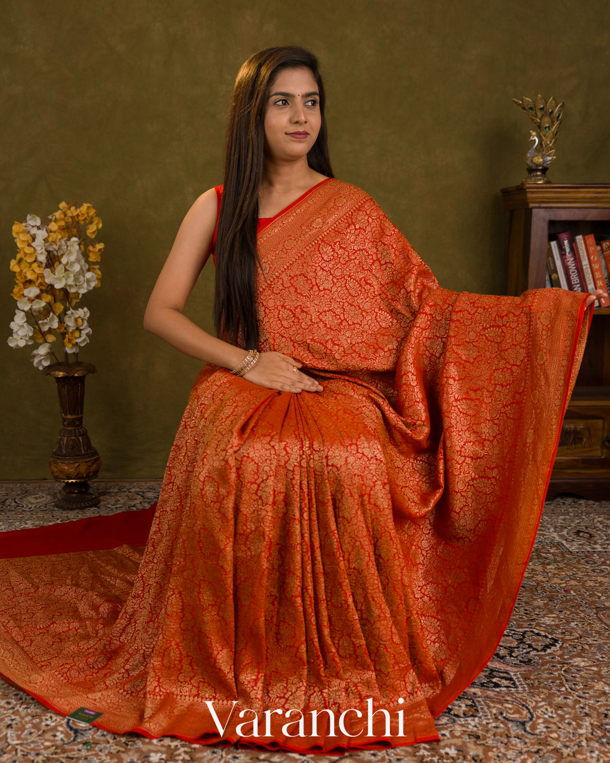 Bright Orange Floral Brocade Pure Crepe Silk Handloom Saree